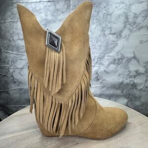 Obsession Rules Hopey Suede Tan Moccasin Fringe Boho Hidden Wedge Boots Women 8